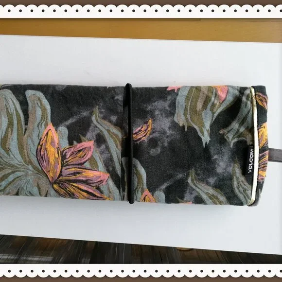 PURSE HANDMADE SOFT BROWN FAUX LEATHER LEAVES PRINT COTTON GOLD TONE RIBBON - Picture 2 of 5